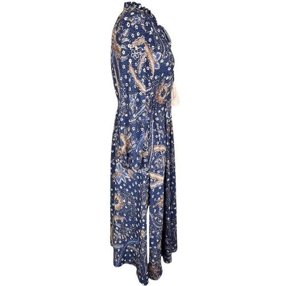 Cara Cara Tanglewood Dress Batik Navy Blue Midi Cinch Waist Long Sleeve Boho S - Picture 9 of 14
